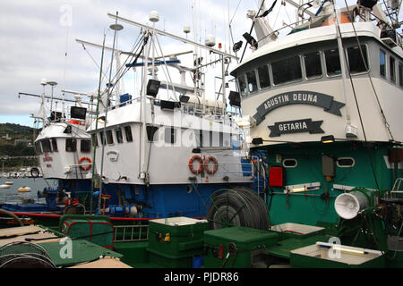 MSC-certified tonni albacora di troll e Pole & line della flotta da pesca in Getaria Harbour (paese basco) Foto Stock