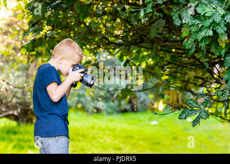 Ragazzo giovane learning fotografia con la sua prima DSLR nei boschi. Foto Stock