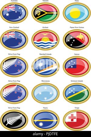 Set di icone. Bandiere di Australia, Oceania, Polinesia, la Micronesia e la Melanesia. Illustrazione Vettoriale