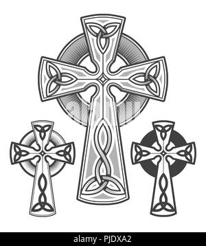 Celtic cross emblema disegnato in stile di incisione. Illustrazione Vettoriale. Illustrazione Vettoriale