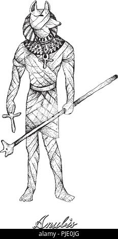 Illustrazione disegnata a mano schizzo di Anubis isolati su sfondo bianco. Un Dio associato con la mummificazione e aldilà nell antica egiziana Relig Illustrazione Vettoriale