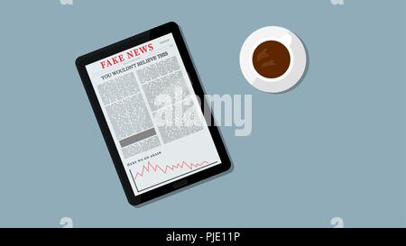 Internet Fake News illustrazione. Fake Headline sul tablet. Persone che leggono notizie falso concetto. Il caffè e la tabella in background. Illustrazione Vettoriale