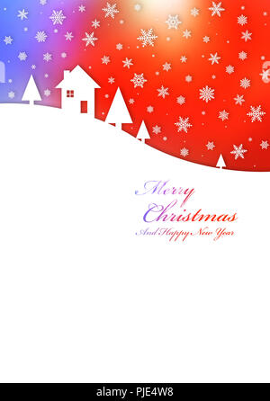 Merry Christmas card con un paesaggio invernale su un sfondo arcobaleno Foto Stock