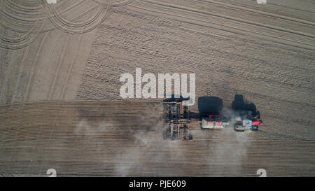 L'agricoltore nel trattore la preparazione di terra con il seedbed coltivatore, vista dall'alto Foto Stock