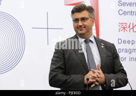 Sofia, Bulgaria - 7 Luglio, 2018: il primo ministro di Croazia Andrej Plenkovic parla durante una conferenza stampa presso il settimo vertice dei capi di Stato e di governo di Foto Stock