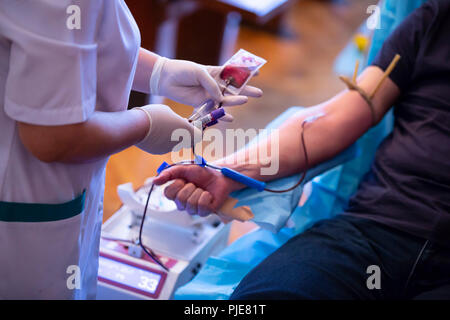 La mano di un uomo che dona il sangue. Maschio dà dei donatori di sangue in un mobile del sangue centro di donazione. I campioni di sangue. Mani di infermiera con guanto protettivo Foto Stock