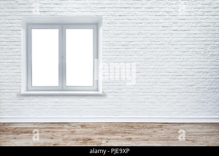 Bianco parete di mattoni e asse pavimento in legno. Foto Stock