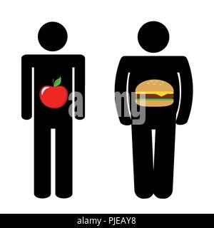 Uomo sano con Apple e con malsana fast food Burger pittogramma illustrazione vettoriale EPS10 Illustrazione Vettoriale