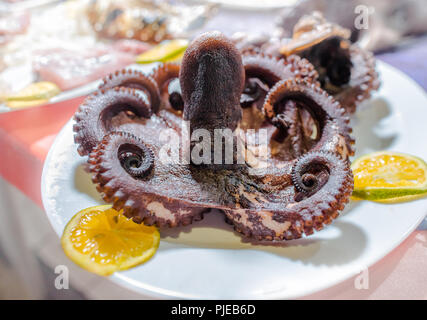 Il pescato del giorno Octopus visualizzata per patroni di ordine e di cenare presso la cucina di strada alley "Los Kioskos' in Puerto Ayora, Galapagos, Ecuador Foto Stock