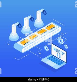 Isometrica di automazione di fabbrica, industria 4.0, Internet delle cose, illustrazione vettoriale per dispositivi collegati utilizzando simboli diversi Illustrazione Vettoriale