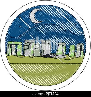 Doodle stonehenge scultura al paesaggio notturno con la luna Illustrazione Vettoriale