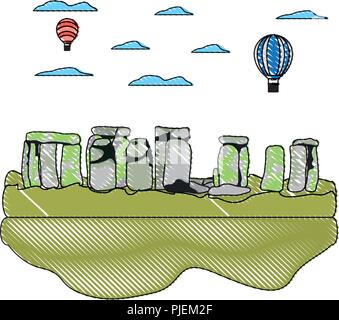 Doodle classica scultura di Stonehenge e palloncini di aria Illustrazione Vettoriale