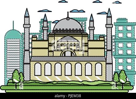 Doodle Taj Mahal in India e il bel paesaggio urbano Illustrazione Vettoriale