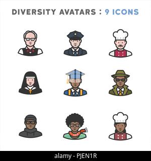 9 Avatar raffiguranti diverse culture, religioni e nazionalità Illustrazione Vettoriale
