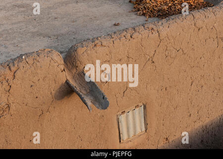 Dettaglio del tetto con legno di gronda a pioggia (drainpipe) su un tradizionale di fango (o il banco o adobe) casa in Mali Foto Stock