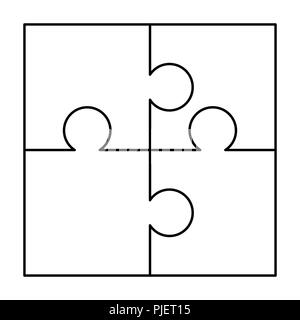 4 bianco pezzi di puzzle disposti in un quadrato. Puzzle template pronti per la stampa. Linee guida di taglio isolato su bianco Illustrazione Vettoriale