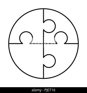 4 bianco pezzi di puzzle disposti in una forma rotonda. Puzzle template pronti per la stampa. Linee guida di taglio isolato su bianco Illustrazione Vettoriale