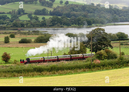 Bala Noth Galles 6 Settembre 2018: giornata grigia e la pioggia con un luminoso incantesimi tardo pomeriggio Bala Steam Railway, cane indossa la sua camicia, canoa turistica sul lago Bala. Clifford Norton Alamy Live News. Foto Stock