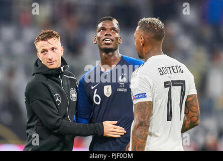 Monaco di Baviera, Germania. 6 Settembre, 2018. Germania - Francia, calcio, Monaco di Baviera, Settembre 06, 2018 Jerome BOATENG, Nr. 17 DFB Marco REUS, 11 DFB Paul POGBA, FRA 6 dopo la partita Germania - Francia Importante: DFB regolamenti vietano qualsiasi uso di fotografie come sequenze di immagini e/o quasi-video. Nazioni Football League, stagione 2018/2019, Settembre 06, 2018 Monaco di Baviera, Germania. Credito: Peter Schatz/Alamy Live News Foto Stock