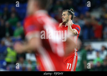 Gareth Bale del Galles reagisce. La UEFA Nazioni League match, Galles v Repubblica di Irlanda a Cardiff City Stadium di Cardiff , Galles del Sud giovedì 6 settembre 2018. foto da Andrew Orchard/Alamy Live News Foto Stock