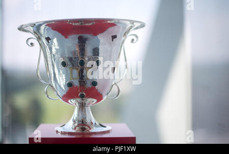 Stuttgart, Germania. 05 Sep, 2018. La prima Coppa DFB che VfB ha vinto nella stagione 1953/54 è sul display in una mostra sul tema "125 anni di VfB Stuttgart". Il VfB speciale fiera 'Moves dal 1893' nel Museo Mercedes-Benz è aperto dal 9 settembre 2018 al 2 aprile 2019. (A DPA: "125 anni VfB Stuttgart - un tempo di intensa con curiosità' dal 07.09.2018) Credito: Sebastian Gollnow/dpa/Alamy Live News Foto Stock