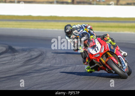 Winton, Victoria, Australia. Il 7 settembre 2018. Troy Herfoss racing per Penrite Honda Racing in sella alla sua Honda CBR1000SP durante la pratica. Credito: Brett keating/Alamy Live News Foto Stock