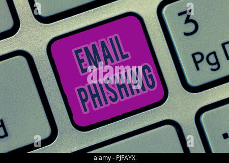 La scrittura della nota mostra email phishing. Business photo vetrina per i messaggi di posta elettronica che potrebbero contenere collegamenti a siti web che distribuiscono malware. Foto Stock