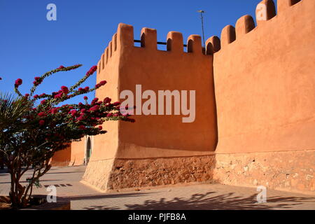 Marocchino tradizionale parete circondata città vecchia chiamata medina in Tiznit, Marocco, bellissimo fiore con bussola rosa (viola) fiori, in strada. Foto Stock