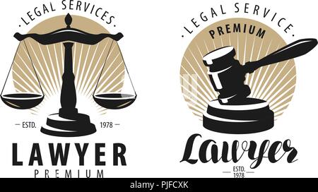 Ufficio di legge, avvocato, avvocato logo o etichetta. Scale di giustizia, martello simbolo. Illustrazione Vettoriale Illustrazione Vettoriale