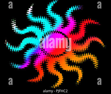 Abstract sun progettazione di forme in vivaci colori audaci contro uno sfondo nero Foto Stock
