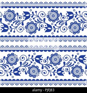 Stile scandinavo vettore seamless pattern con fiori, Nordic folk art ripetitivo navy blue ornamento - strisce orizzontali Illustrazione Vettoriale