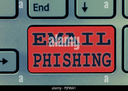 La scrittura della nota mostra email phishing. Business photo vetrina per i messaggi di posta elettronica che potrebbero contenere collegamenti a siti web che distribuiscono malware. Foto Stock