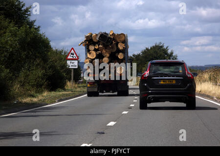 Wiltshire, Inghilterra autocarro il trasporto del legname su A303 a doppia carreggiata Foto Stock