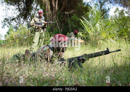 Keniote personale di sicurezza di pattuglia nella Tana Delta vicino alla costa del Kenya, 20 settembre 2012. Foto Stock