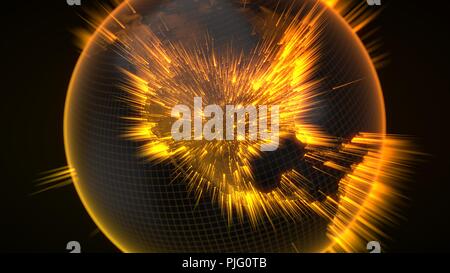 Dark Earth globo con dettagli luminosi e raggi di luce. 3d illustrazione Foto Stock