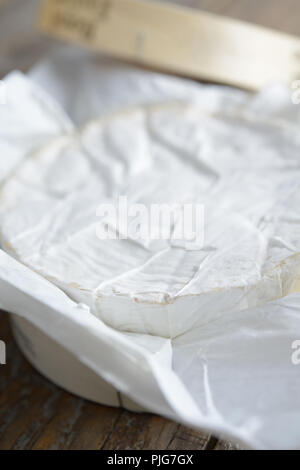 Formaggio Camembert in una scatola di legno closeup Foto Stock