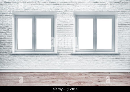 Bianco parete di mattoni e asse pavimento in legno. Foto Stock