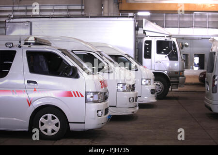 Un sacco di furgoni e camion per affitto in caso di emergenza e per il trasporto parcheggio nel garage di grandi dimensioni Foto Stock