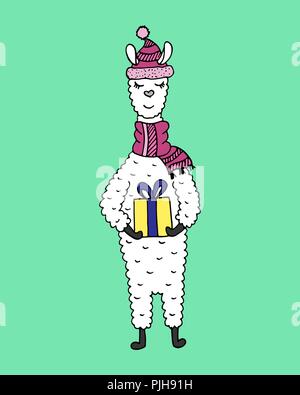 Disegnate a mano lama colorata con un regalo di Natale. Illustrazione Vettoriale