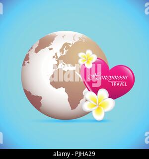 Luna di Miele concetto holiday travel globe e cuore rosa illustrazione vettoriale Illustrazione Vettoriale