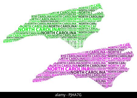 Schizzo in North Carolina (Stati Uniti d'America) testo lettera mappa, North Carolina map - nella forma del continente, Mappa Carolina del Nord - verde e p Illustrazione Vettoriale