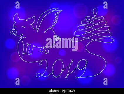 Abstract Anno nuovo simbolo 2019 su un sfondo al neon Illustrazione Vettoriale