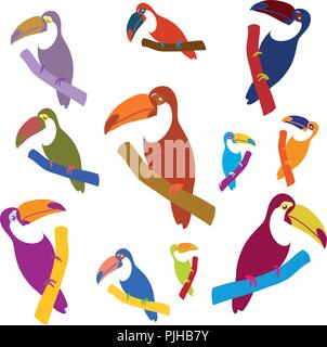 Set di esotici e coloratissimi tucani seduti sui rami isolati su bianco. Gli uccelli tropicali hanno grande e bella becchi colorati e corpi. Illustrazione Vettoriale