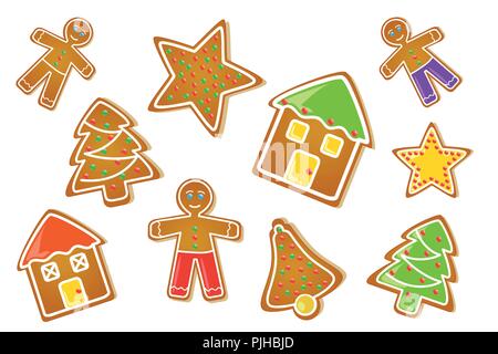 Gingerbread set star house uomo albero di natale bell illustrazione vettoriale EPS10 Illustrazione Vettoriale