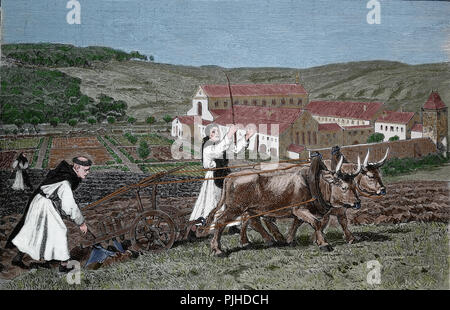 Medioevo. Monaci tedeschi arando la terra. Incisione di germanio, 1882. Colore. Foto Stock