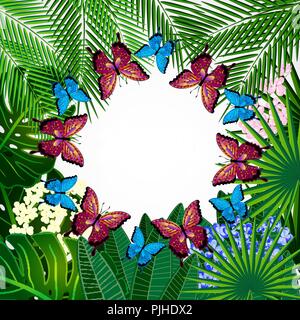 Floral background di design. Fiori tropicali e farfalle. Illustrazione Vettoriale