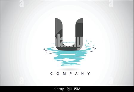 Lettera U Logo Design con Acqua Splash increspature gocce di riflessione icona Vettore illustrazione. Illustrazione Vettoriale