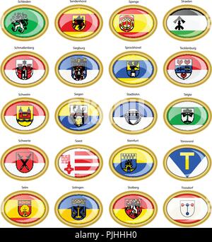 Set di icone. Bandiere delle città tedesche (Renania settentrionale-Vestfalia). Vettore. 3D. Illustrazione Vettoriale