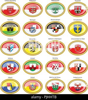 Set di icone. Bandiere delle città tedesche (Baviera). Vettore. 3D. Illustrazione Vettoriale