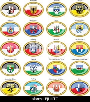 Set di icone. Bandiere delle città tedesche (Baviera). Vettore. 3D. Illustrazione Vettoriale